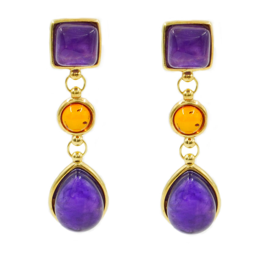 Orecchini in argento 925 con ametista, ambra – Dorato