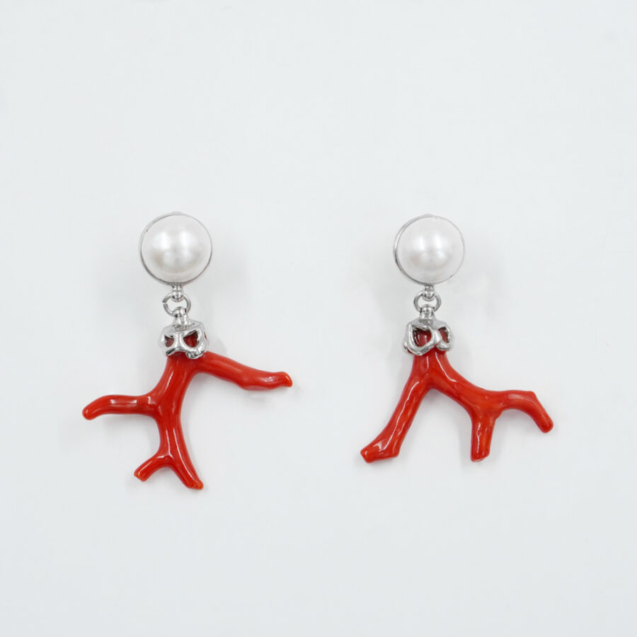 Orecchini in argento 925 con perla e ramo di corallo - Platinato - immagine 2