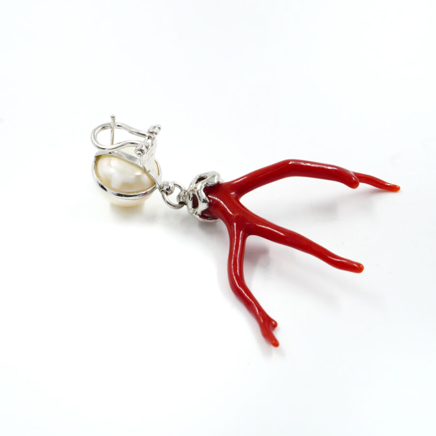 Orecchini in argento 925 con perla e ramo di corallo - Platinato - immagine 3