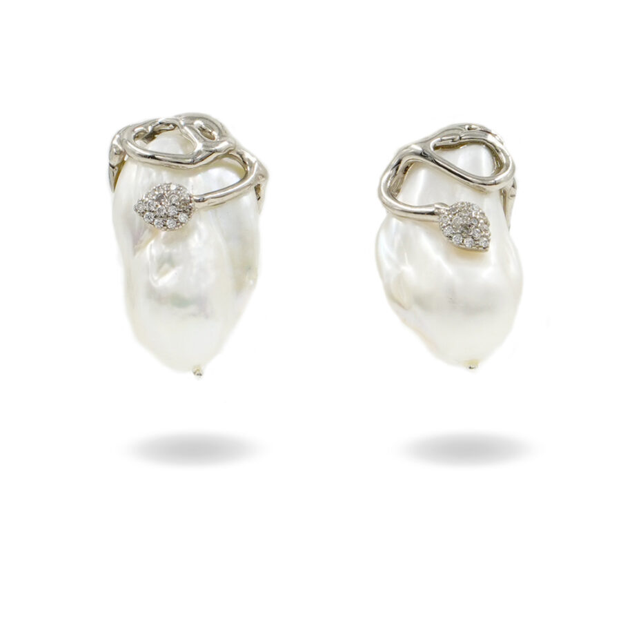 Orecchini in argento 925 con perla barocca e zirconi – Platinato