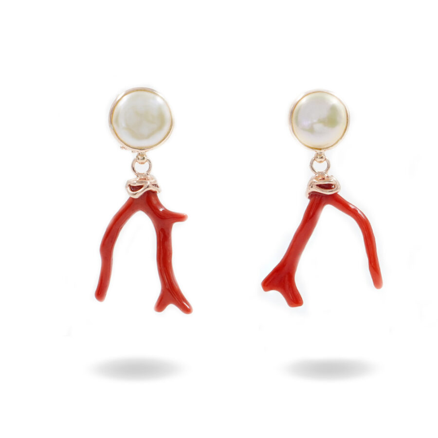 Orecchini in argento 925 con perla, ramo di corallo – Rosato