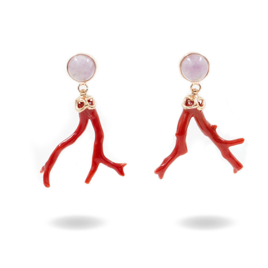 Orecchini in argento 925 con kunzite, ramo di corallo – Rosato