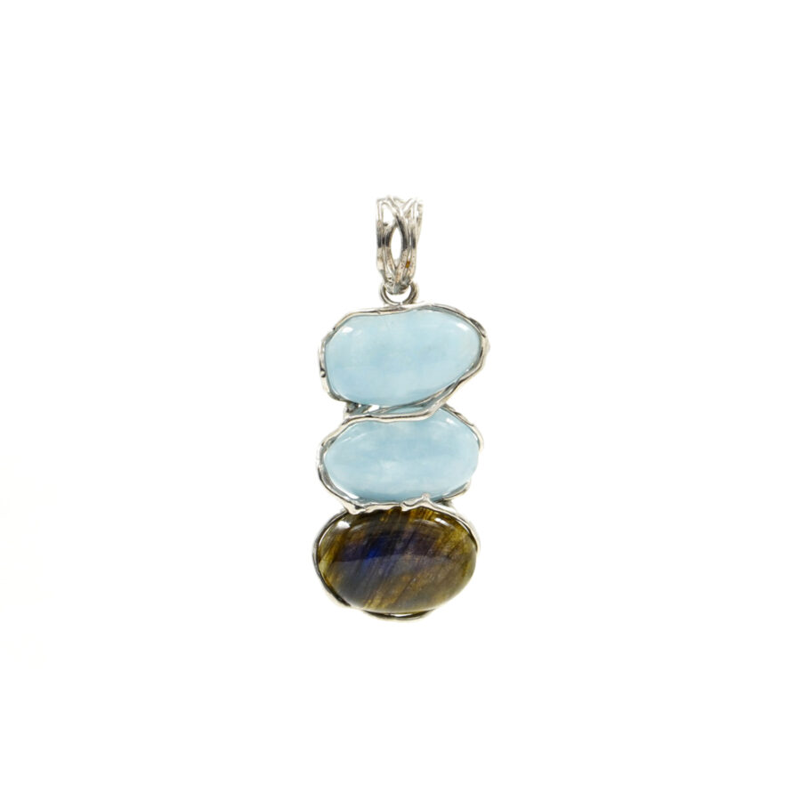 Pendente in argento 925 con acquamarina, labradorite – Platinato