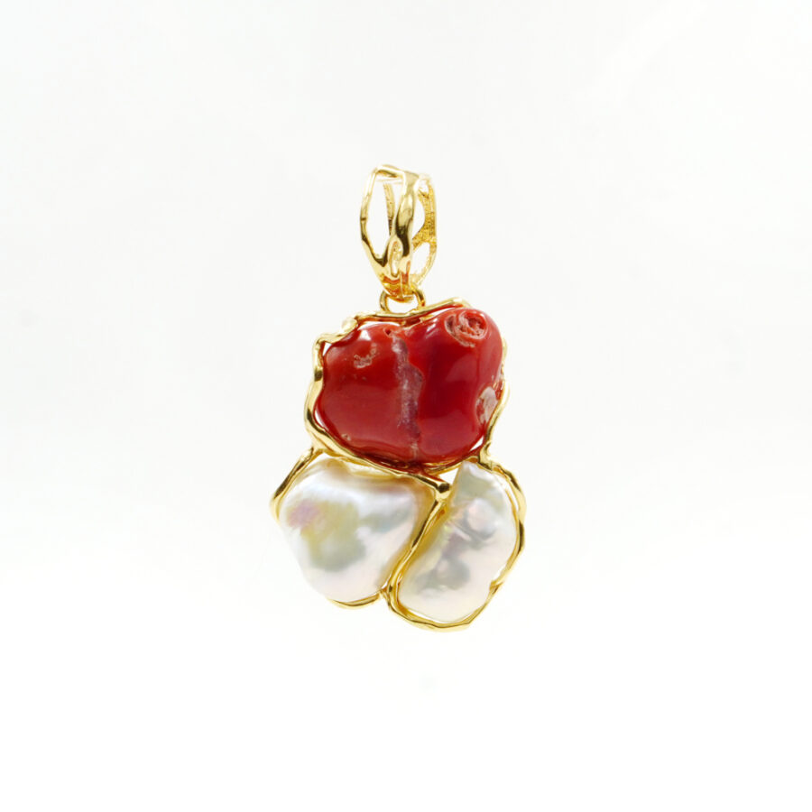 Pendente in argento 925 con corallo, perla - Dorato