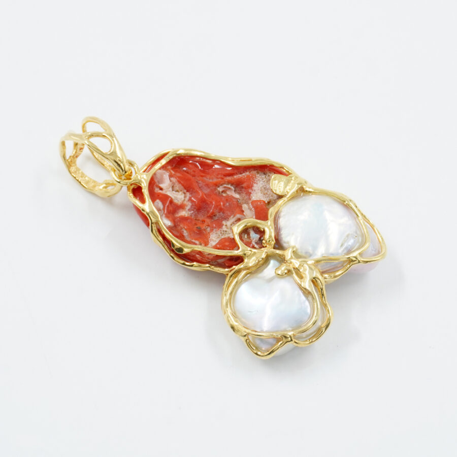 Pendente in argento 925 con corallo, perla - Dorato - immagine 2