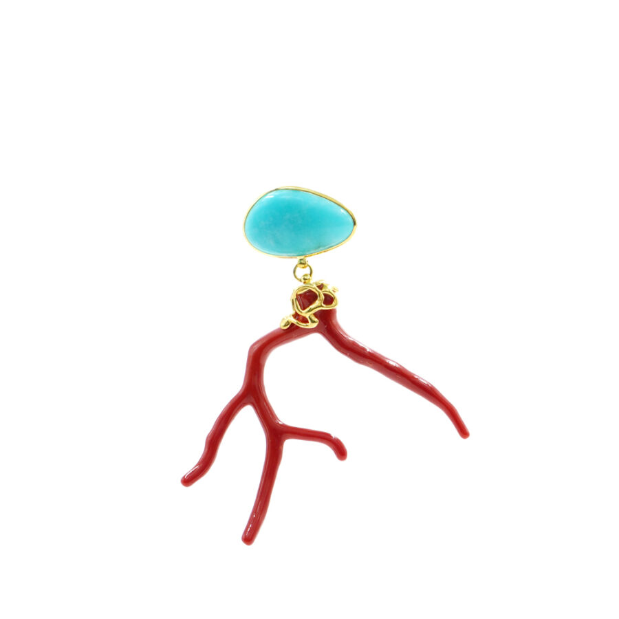 Pendente in argento 925 con amazzonite e ramo di corallo – Dorato