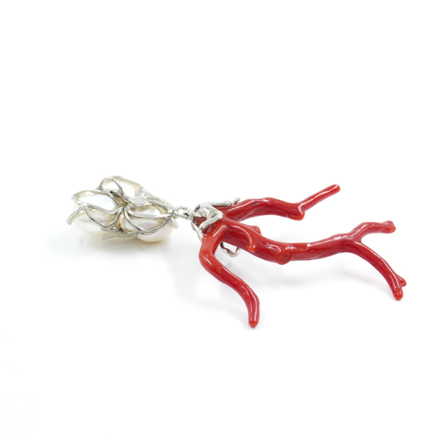 Pendente in argento 925 con perle e ramo di corallo – Platinato - immagine 2