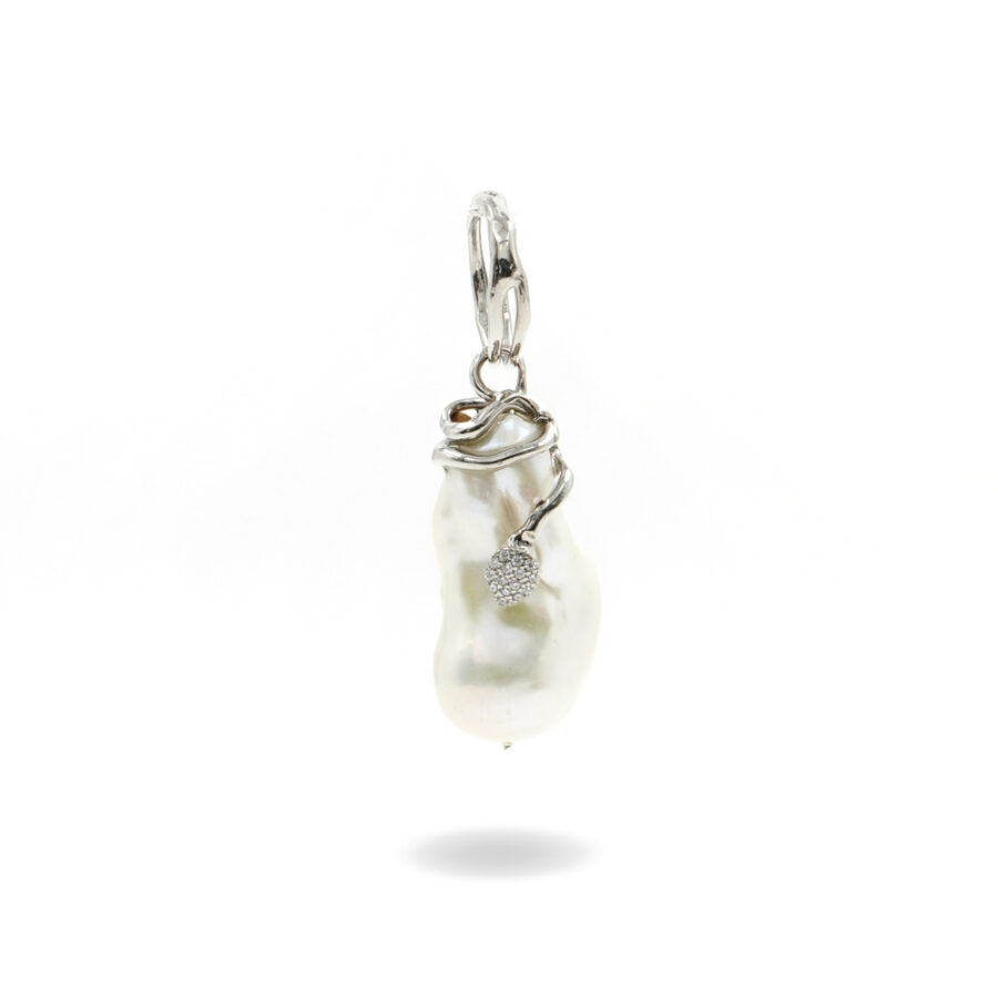 Pendente in argento 925 con perla barocca e zirconi – Platinato