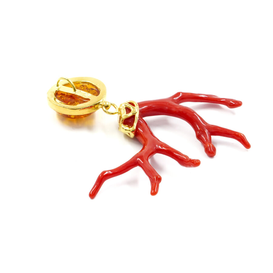 Pendente in argento 925 con ambra, ramo di corallo – Dorato - immagine 2