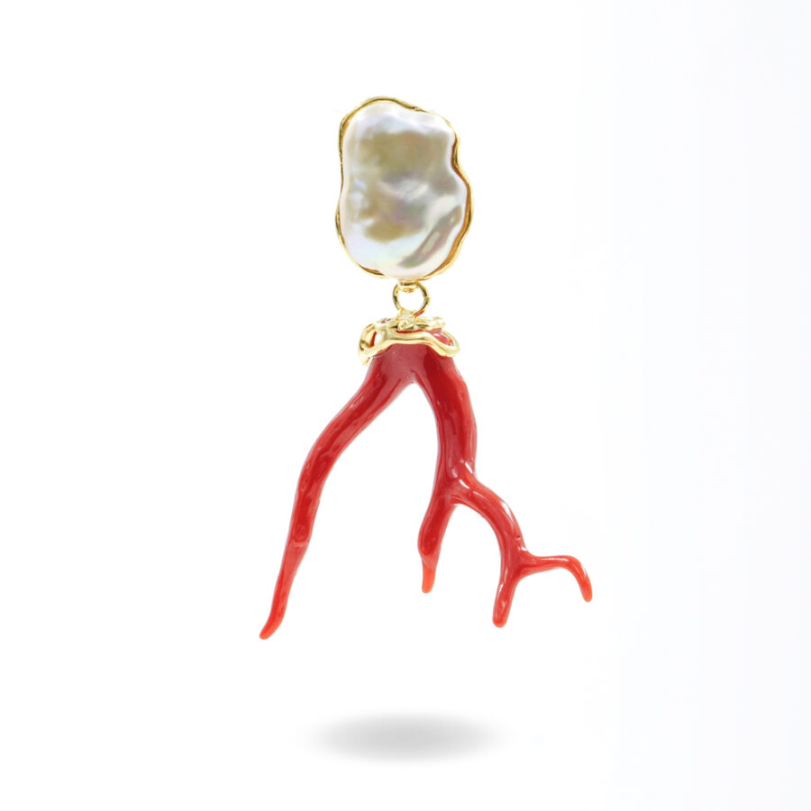 Pendente in argento 925 con perla, ramo di corallo – Dorato