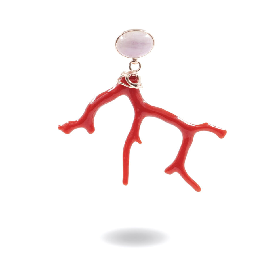 Pendente in argento 925 con kunzite, ramo di corallo – Rosato