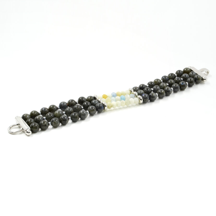 Bracciale Multifilo con labradorite, acquamarina, chiusura in argento 925 – Rodiato