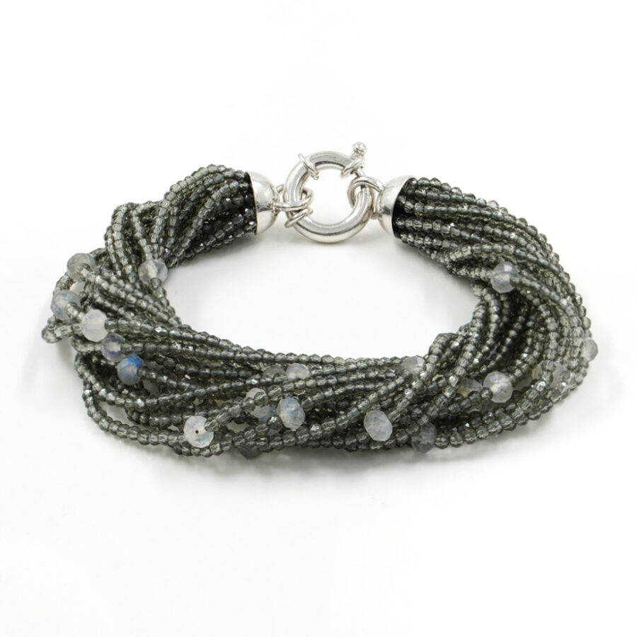 Bracciale Multifilo con zirconi grigi, labradorite, chiusura in argento 925 – Rodiato