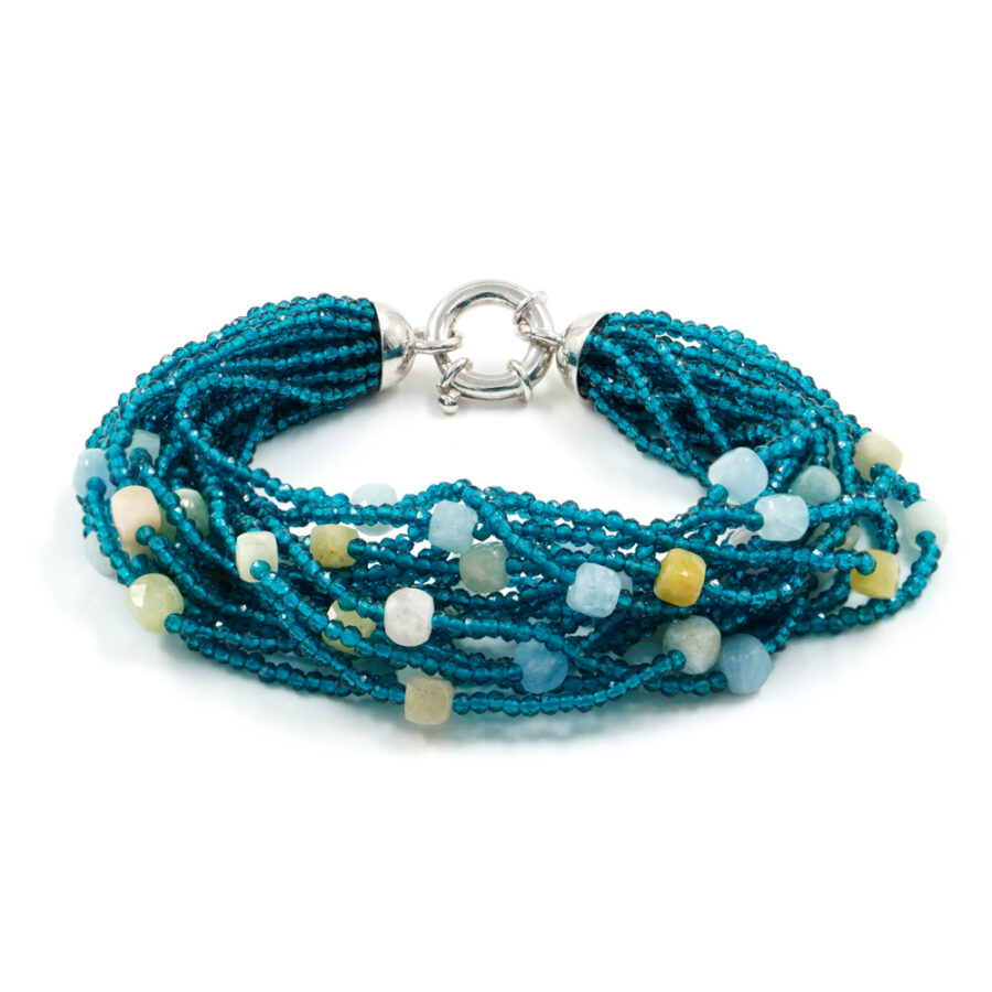 Bracciale Multifilo con zirconi azzurri, acquamarina, chiusura in argento 925 – Rodiato