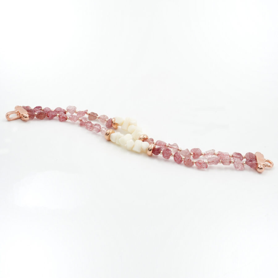 Bracciale Multifilo con quarzo fragola, ematite, corallo, chiusura in argento 925 – Rosato