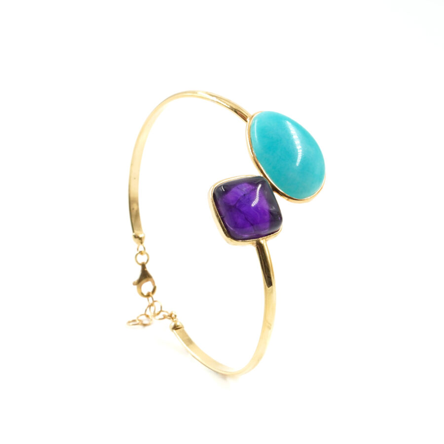 Bracciale rigido in argento 925 con amazzonite, ametista – Dorato