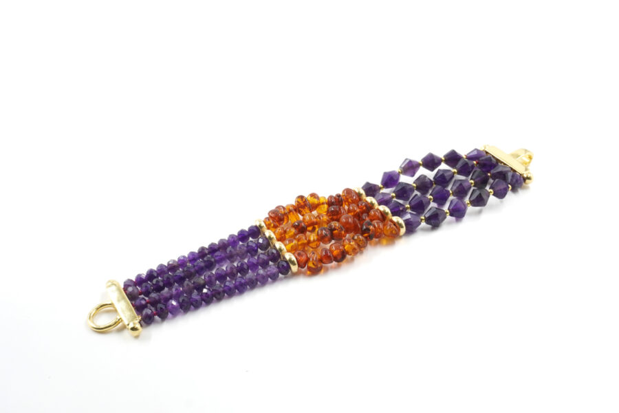 Bracciale Multifilo con ametista, ambra, ematite, chiusura in argento 925 – Dorato