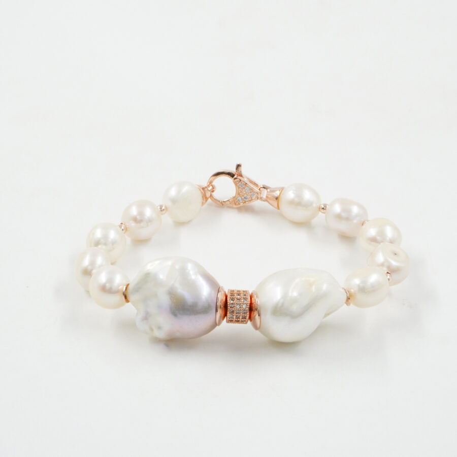 Bracciale con perla, elemento in ottone con zirconi, chiusura in argento 925 – Rosato