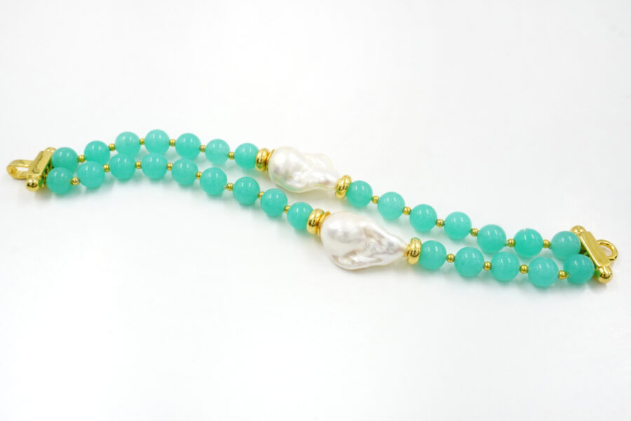 Bracciale con quarzo spugna verde, perla, ematite, chiusura in argento 925 – Dorato