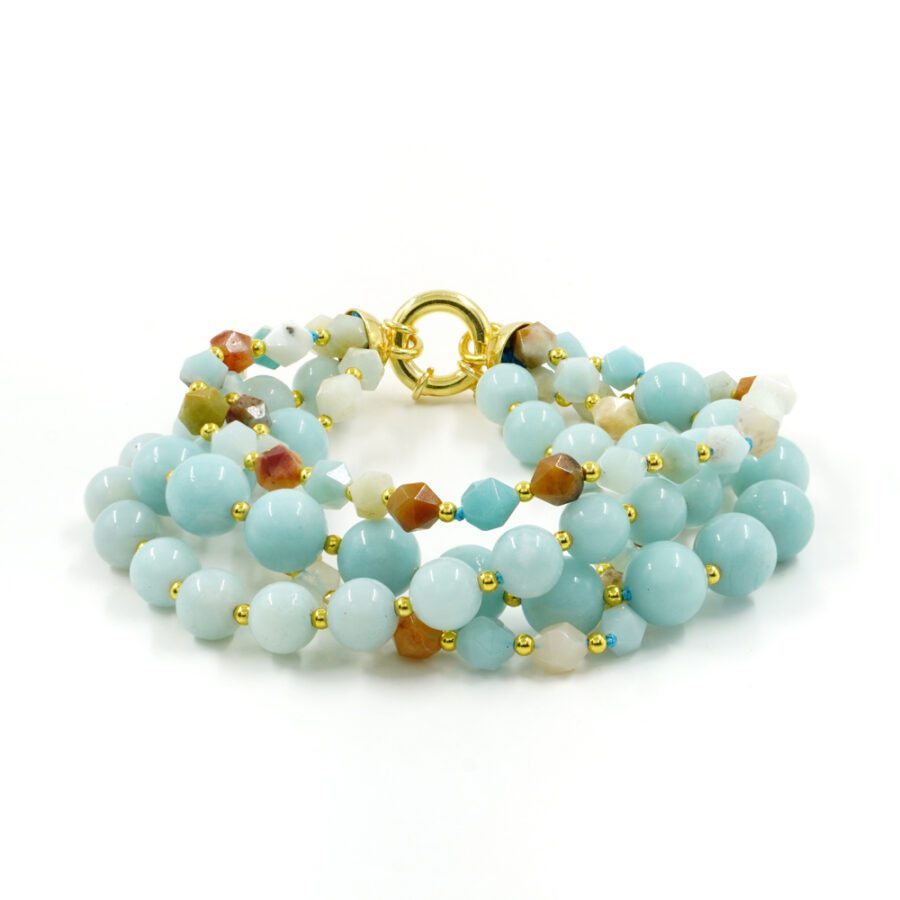 Bracciale Multifilo con amazzonite, ematite, chiusura in argento 925 – Dorato