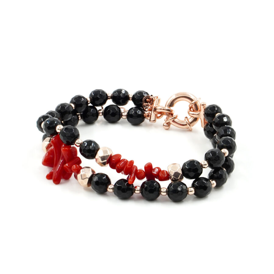 Bracciale Multifilo con agata nera, corallo, ematite, chiusura in argento 925 – Rosato