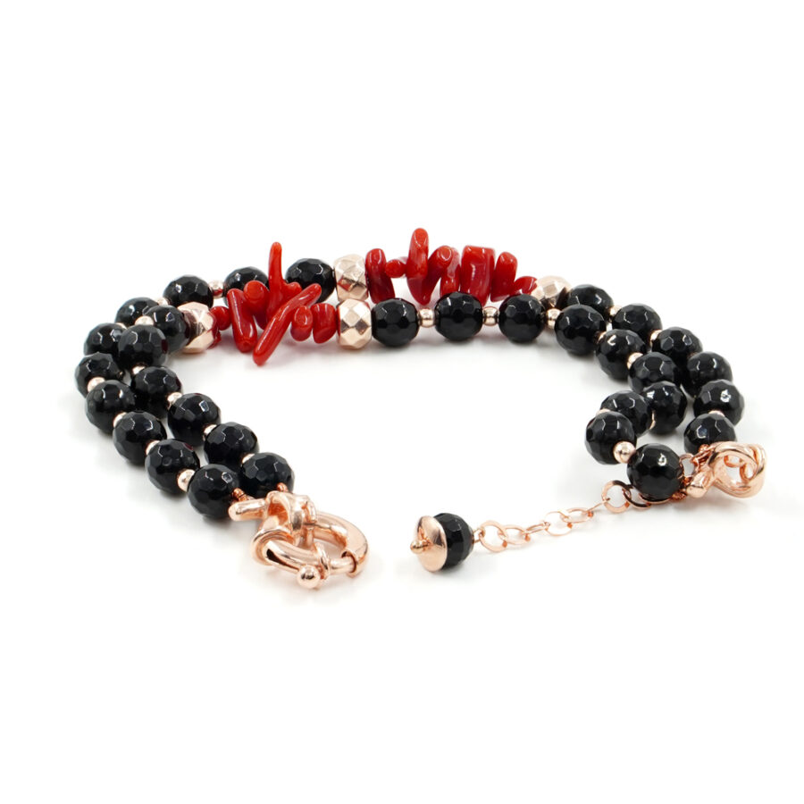 Bracciale Multifilo con agata nera, corallo, ematite, chiusura in argento 925 – Rosato - immagine 2
