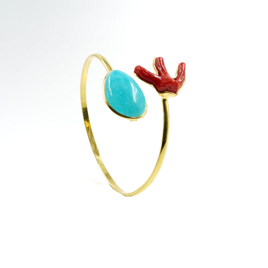 Bracciale rigido in argento 925 con amazzonite, ramo corallo – Dorato - immagine 2
