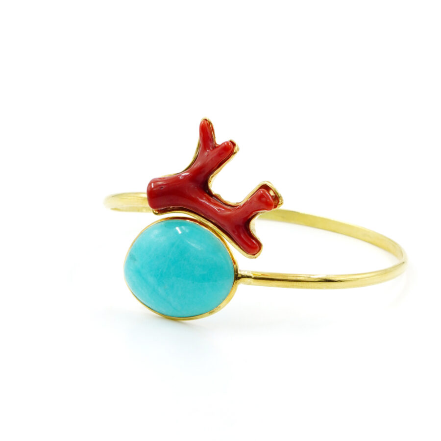 Bracciale rigido in argento 925 con amazzonite, ramo corallo – Dorato - immagine 3