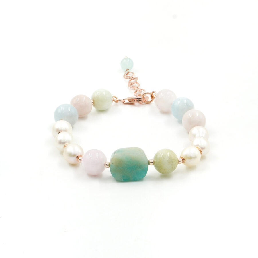Bracciale con berillo, perla, amazzonite, chiusura in argento 925 – Rosato