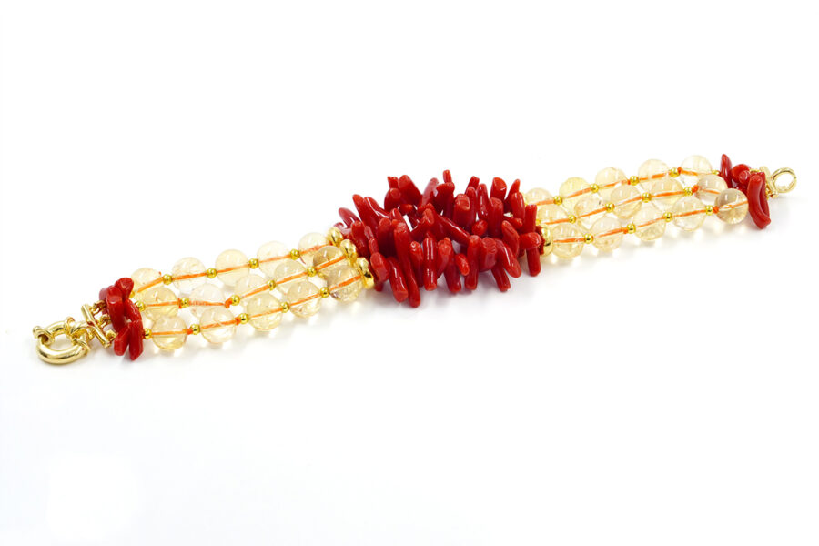 Bracciale Multifilo con citrino, corallo, chiusura in argento 925 – Dorato