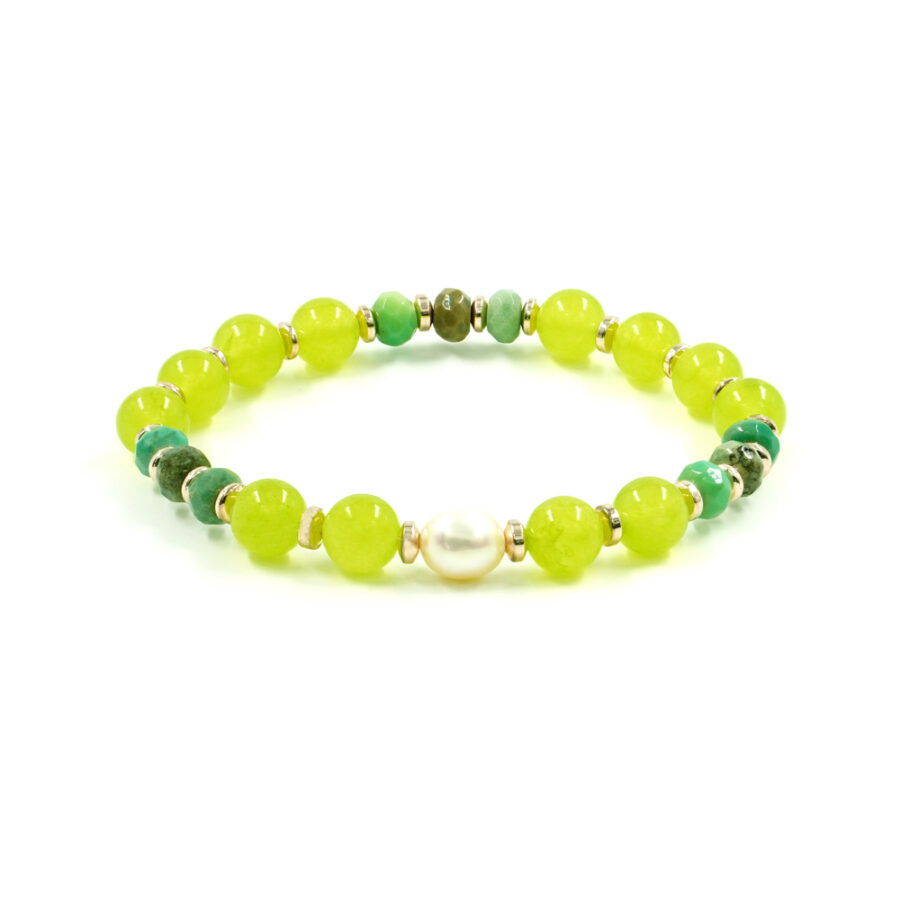 Bracciale elastico con giada verde tinta, agata verde, perla, ematite