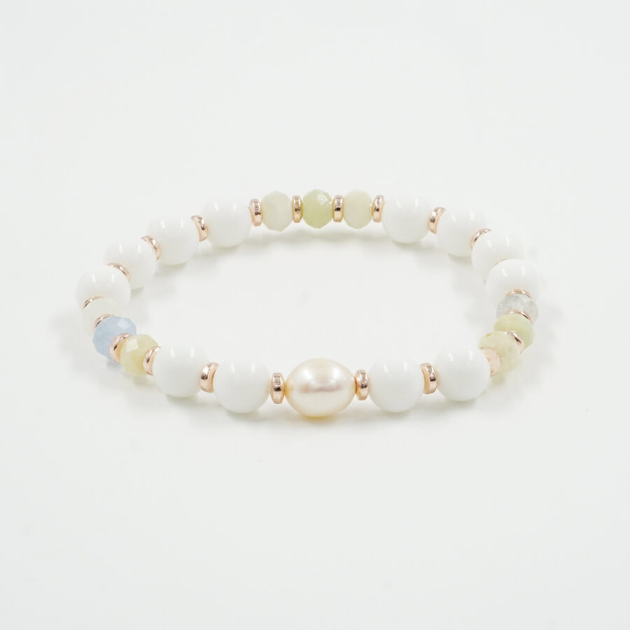Bracciale elastico con agata bianca, acquamarina, perla, ematite