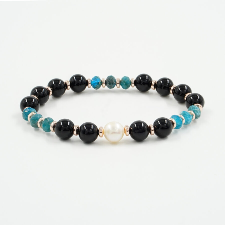 Bracciale elastico con agata nera, apatite, perla, ematite