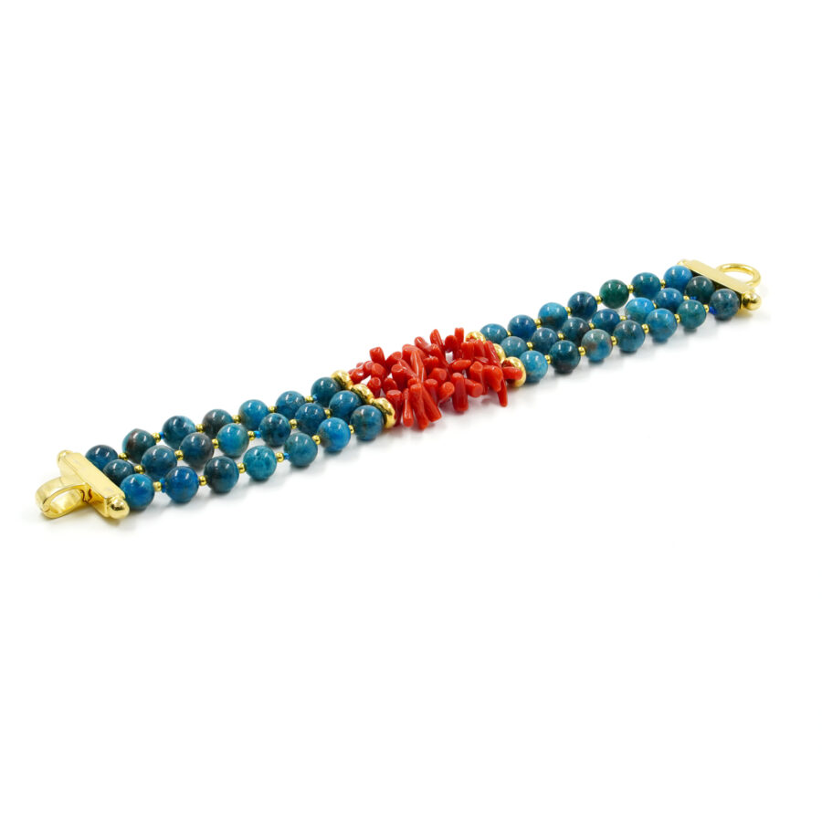 Bracciale Multifilo con apatite, corallo, chiusura in argento 925 – Dorato