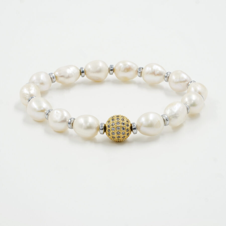 Bracciale Elastico con perle barocche, ematite, elemento in ottone dorato con zirconi bianchi