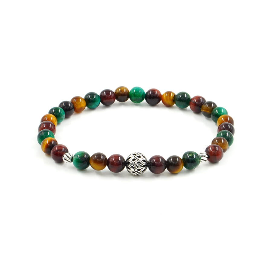 Bracciale Elastico con occhio di tigre multicolore, elemento in argento 925