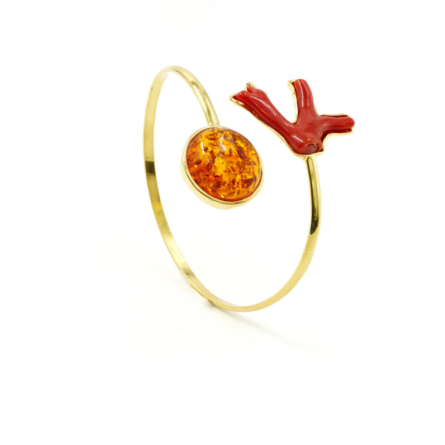 Bracciale rigido in argento 925 con ambra, ramo corallo – Dorato
