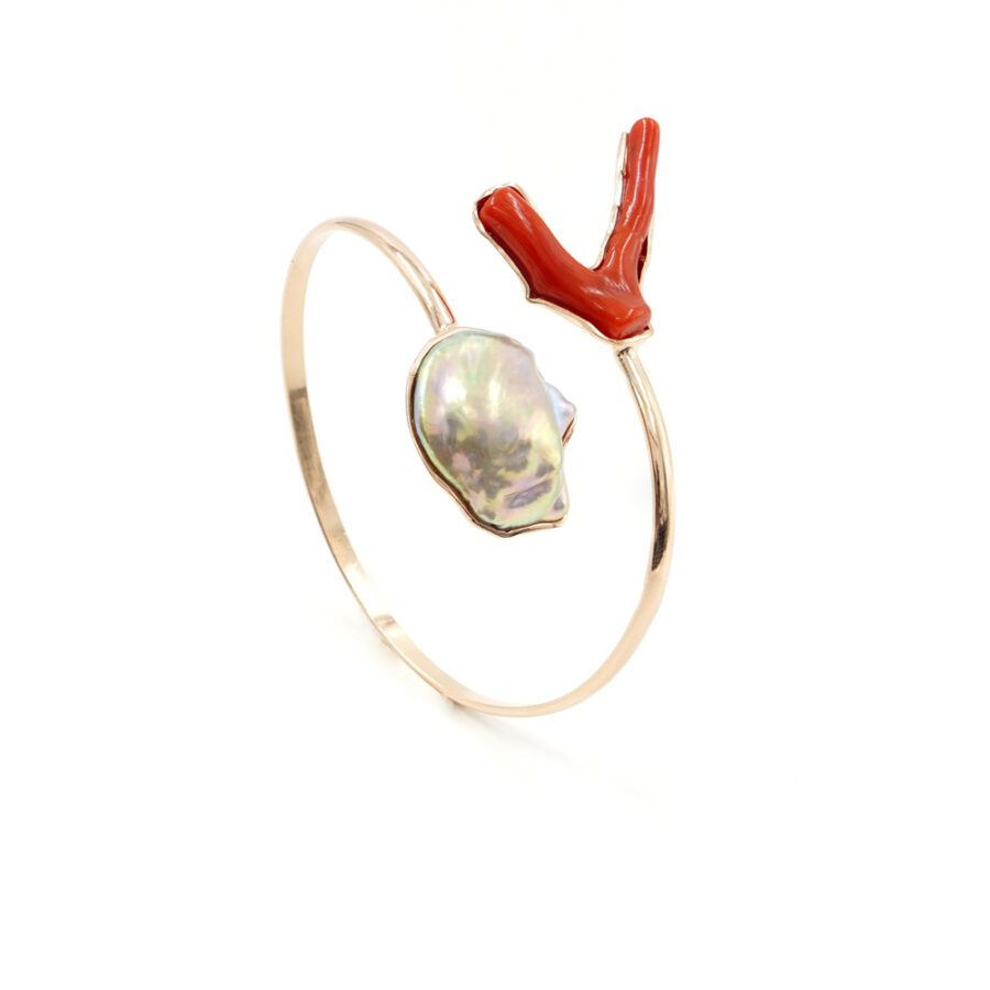 Bracciale rigido in argento 925 con perla color naturale, ramo corallo – Rosato