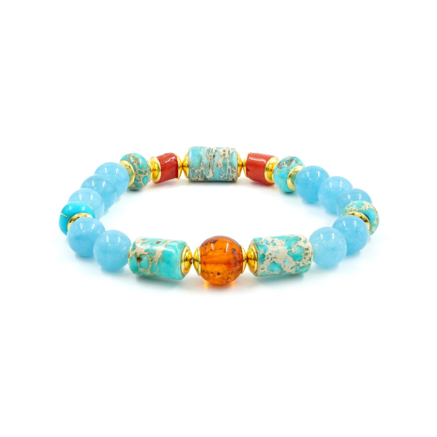 Bracciale Elastico con corallo, quarzo spugna azzurro, diaspro imperiale, ambra, elemento in argento 925