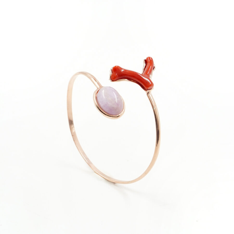 Bracciale rigido in argento 925 con kunzite, ramo corallo – Rosato