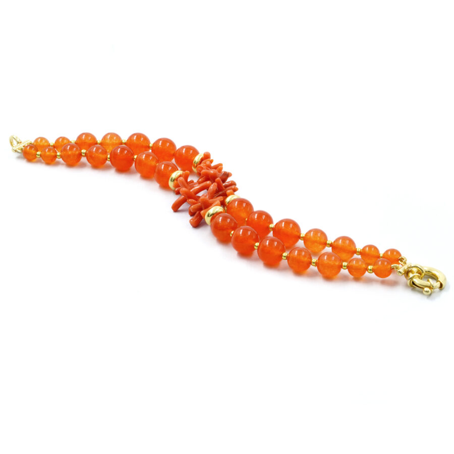 Bracciale Multifilo con giada arancio tinta, corallo, ematite, chiusura in argento 925 – Dorato