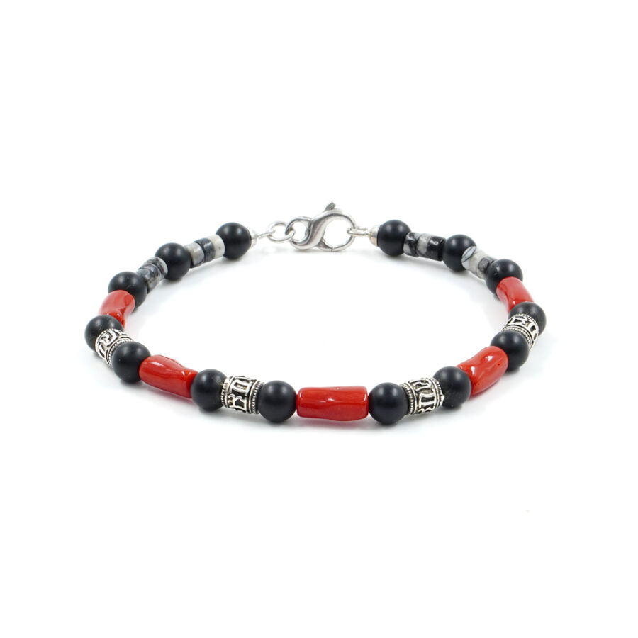 Bracciale con agata nera satinata, corallo, diaspro, elementi in argento brunito, chiusura in argento 925 – Rodiato