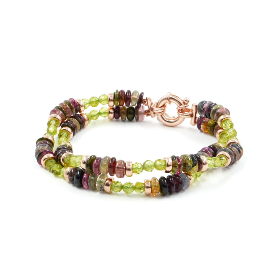 Bracciale Multifilo con peridoto, tormalina multicolore, elementi in rosato, chiusura in argento 925 – Rosato