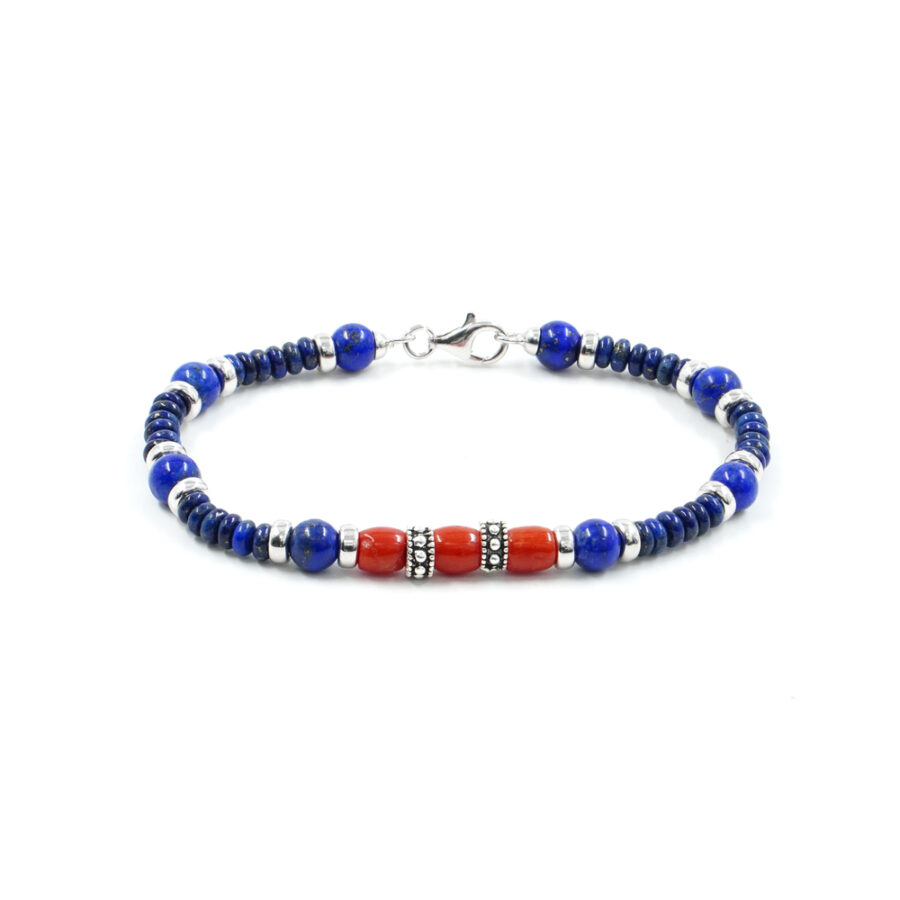 Bracciale con lapis, corallo, elementi in argento brunito e rodiato, chiusura in argento 925 – Rodiato