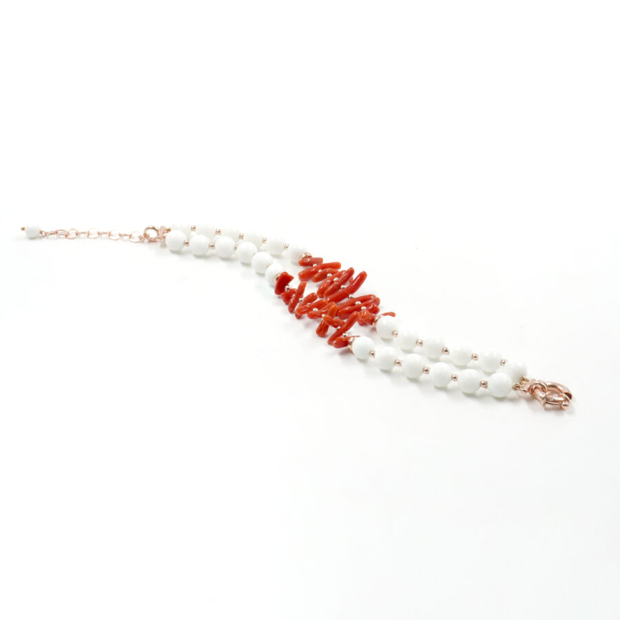 Bracciale Multifilo con agata bianca, corallo, ematite, chiusura in argento 925 – Rosato