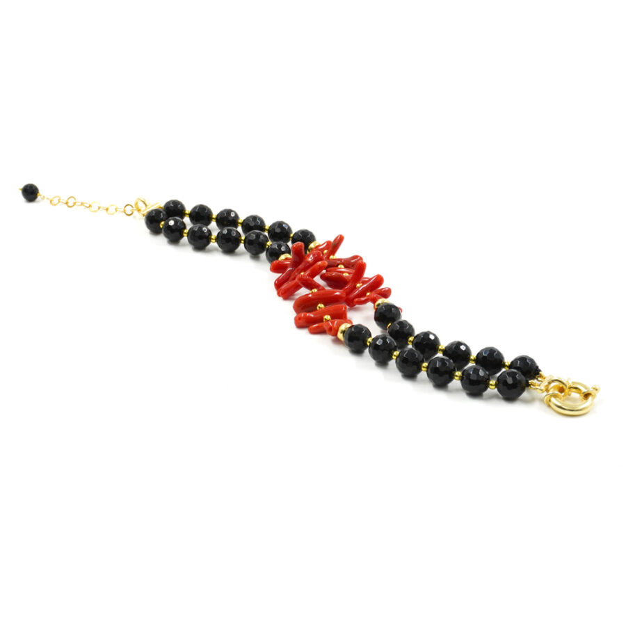 Bracciale Multifilo con agata bianca, corallo, ematite, chiusura in argento 925 – Dorato