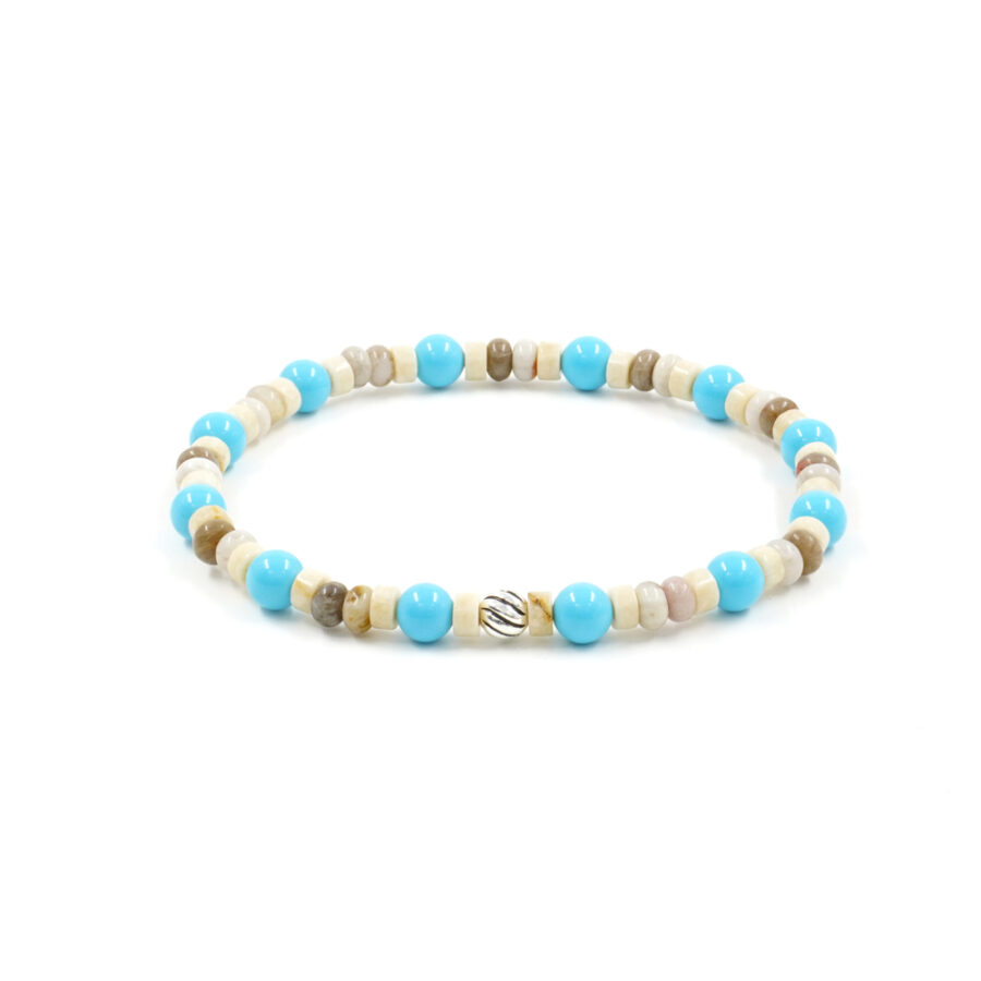 Bracciale Elastico con pasta di turchese, astrophilite, diaspro fossile, elemento in argento 925