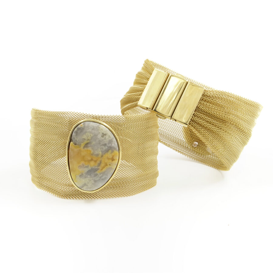 Bracciali a fascia in metallo con elemento di agata laguna lace montato in argento 925 – Dorato