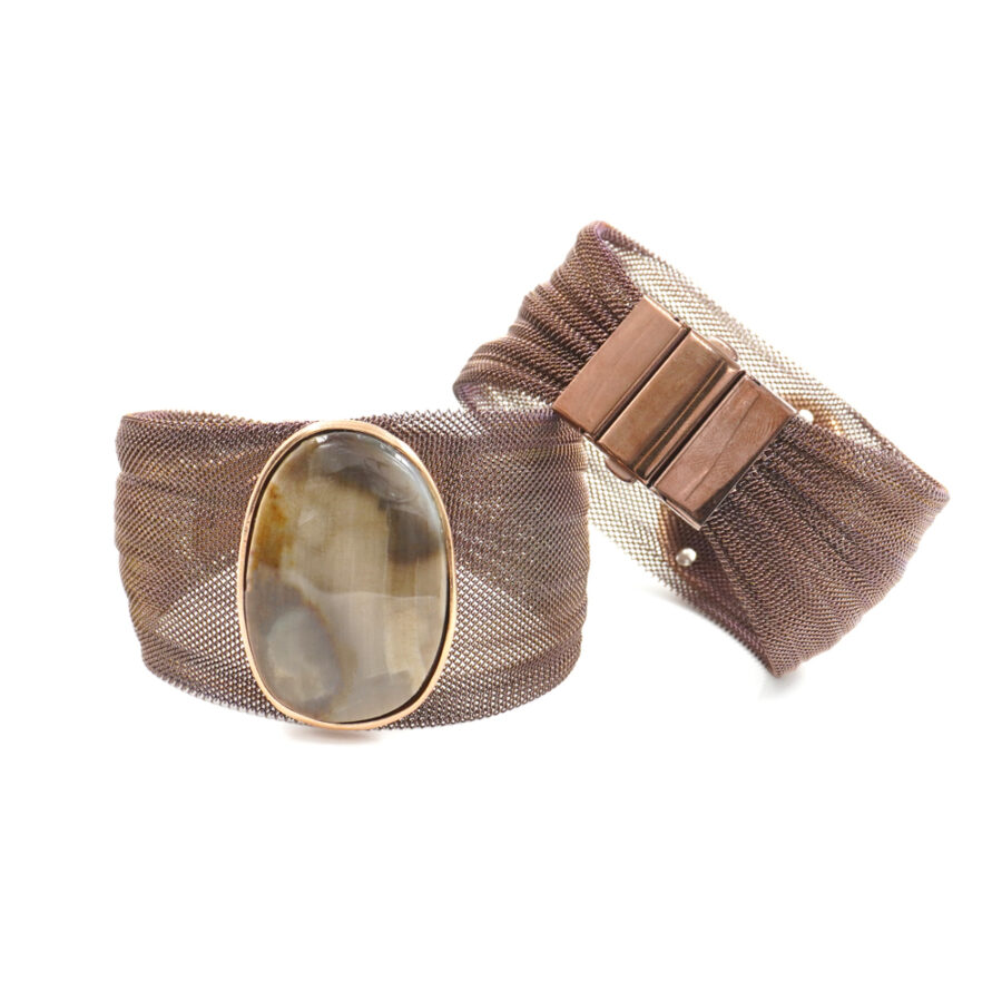 Bracciali a fascia in metallo con elemento di Wood Opalite montato in argento 925 – Rosato