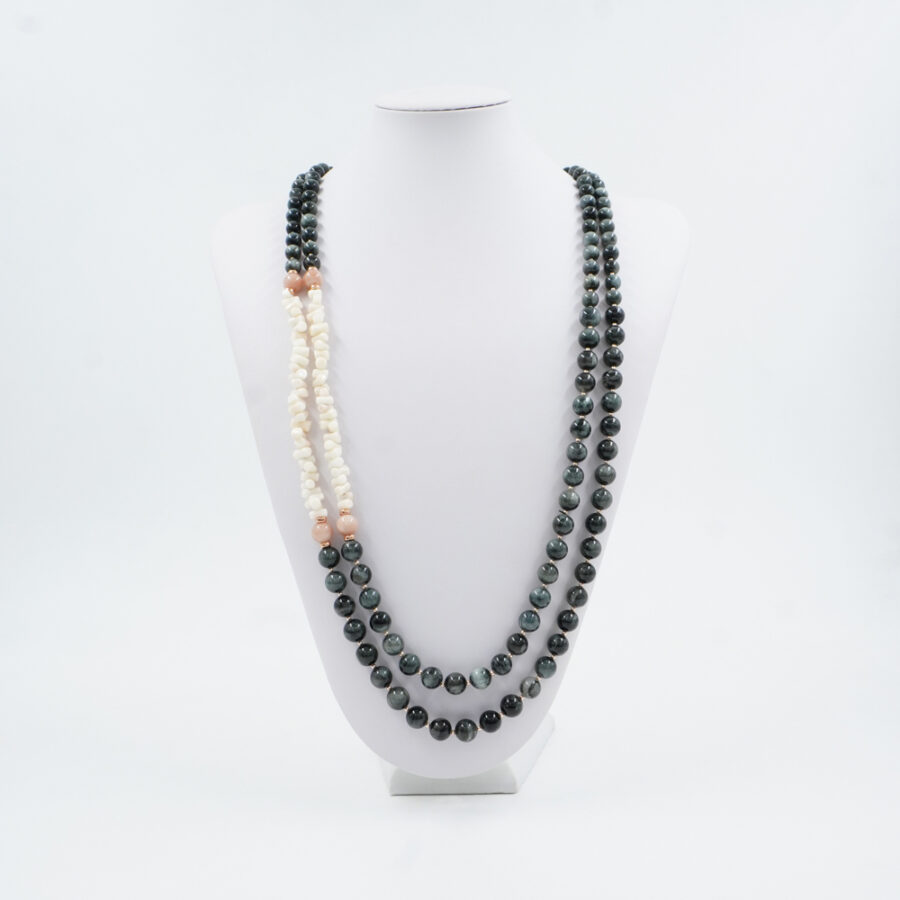 Collana Multifilo con occhio d'aquila, pietra di Luna, corallo bianco, ematite, chiusura in argento 925 – Rosato - immagine 2